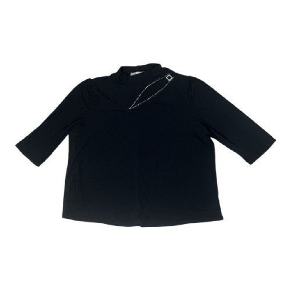 Women Stretchy Black Rhinestone Blouse Plus Size 2X Cut Out Pullover Mock Neck - Picture 2 of 10